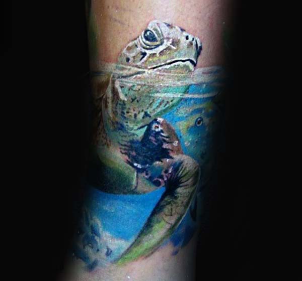 3d Turtle Sticking Head Out Of Water Mens Forearm Tattoo