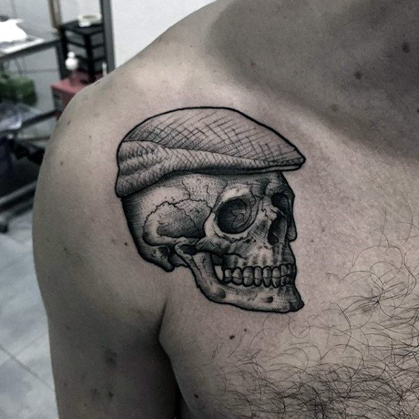 3d Unique Skull With Hat Mens Upp Chest Shoulder Tattoo