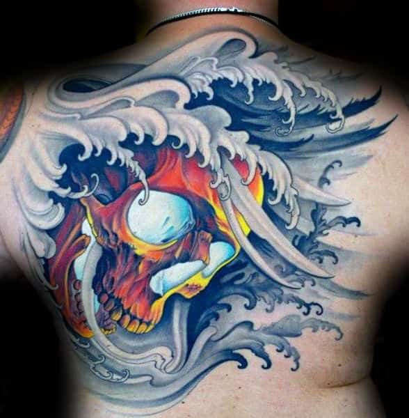 3d Waves Glowing Skull Japanese Guys Back Tattoos