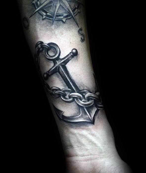 3d White And Grey Ink Guys Unique Anchor Wrist Tattoos