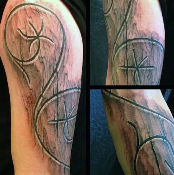 3d Wood Carving Mens Arm Tattoos With Symbol Design