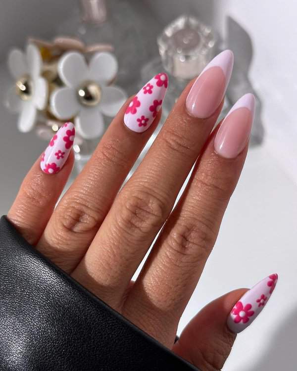 Pink flower and French tip nails