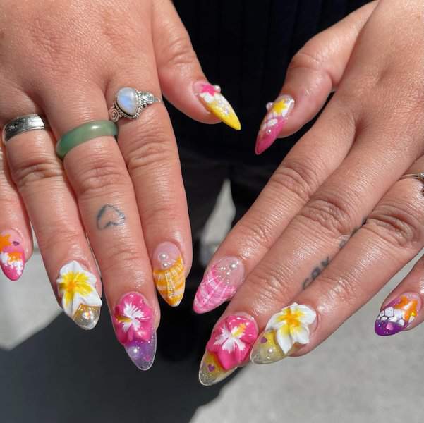 Colorful nails with 3D tropical flowers