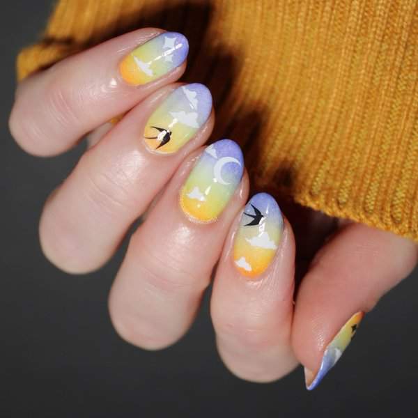 Colorful gradient nails with birds and moon