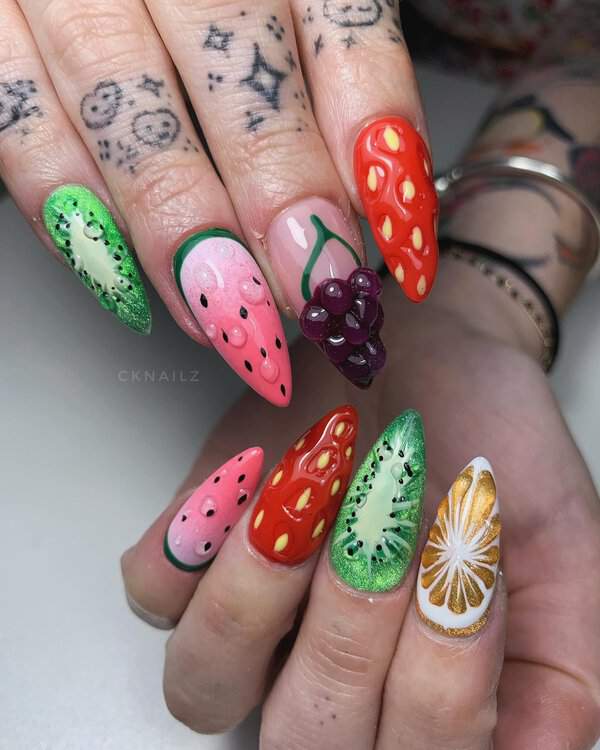 Nails with 3D fruit designs