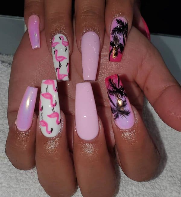 Pink flamingo and palm tree nails
