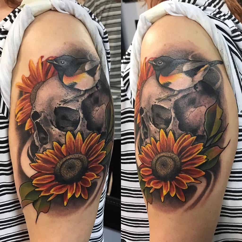 Tattoo uploaded by Anna Ackerman  Skull and sunflower piece from today   Tattoodo