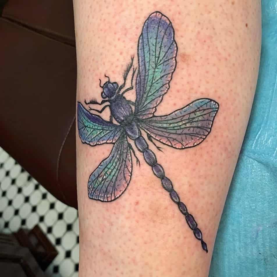 The vibrant blue dragonfly flying with all its glory over the body 