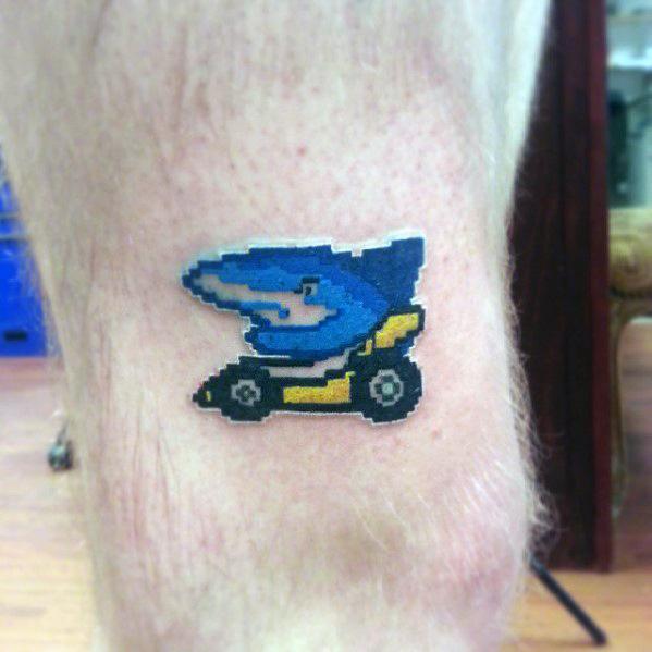 8 Bit Shark In Go Cart Mens Leg Tattoo