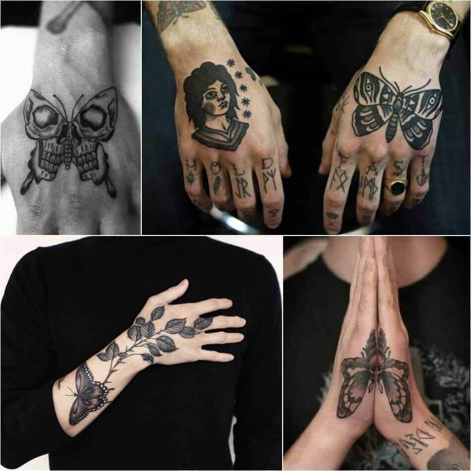 four medium-sized black and grey men's tattoos of dark masculine butterflies on hands and forearms