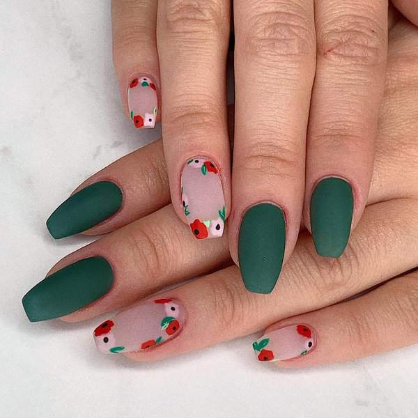 Green matte nails with floral accents