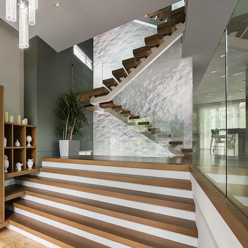 white textured wall wood staircase 