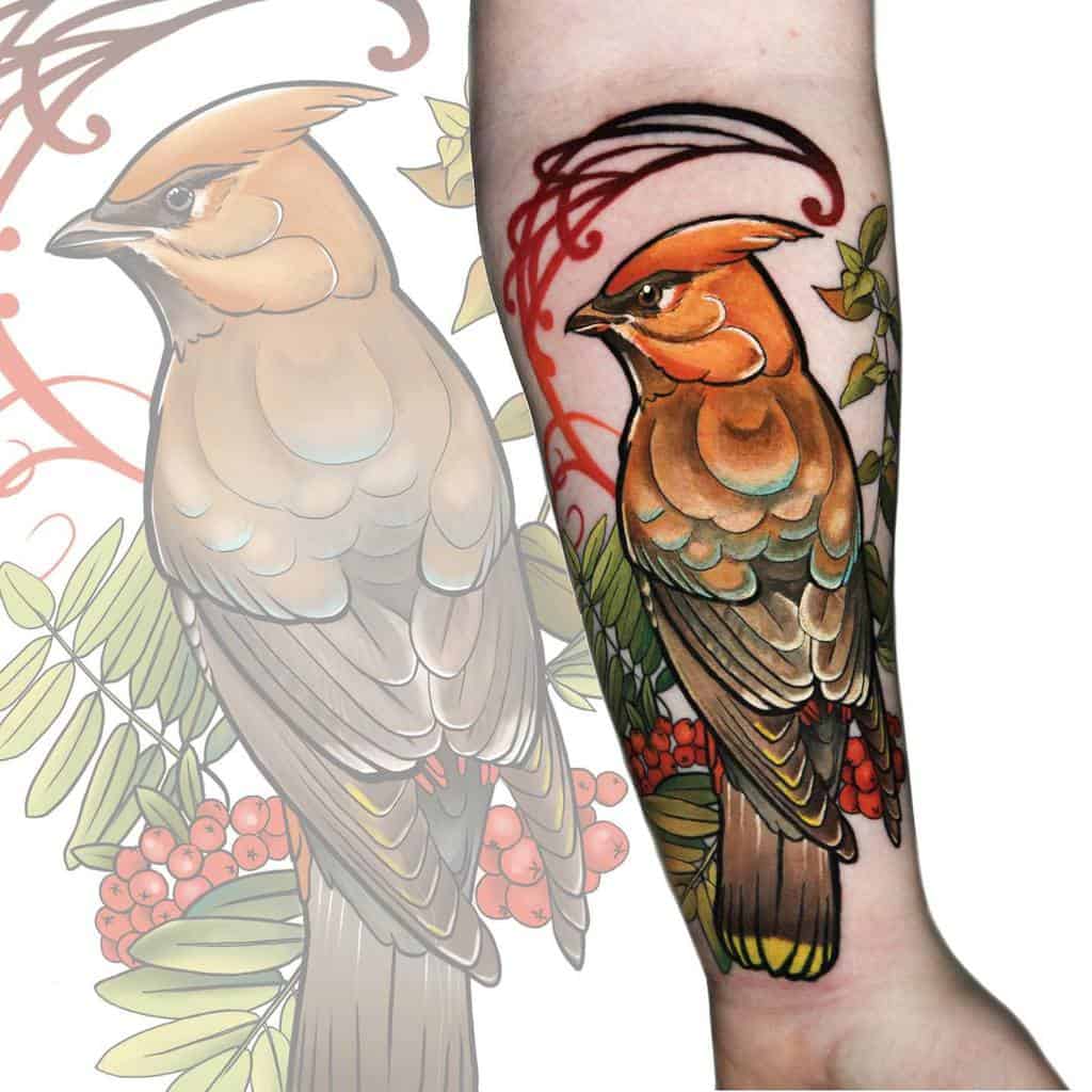 My Bohemian Waxwing tattoo by Jamie Santos Three of Swords in Syracuse  NY Shes an amazing artist and Im glad she was the one to illustrate my  first tattoo  rtattoos