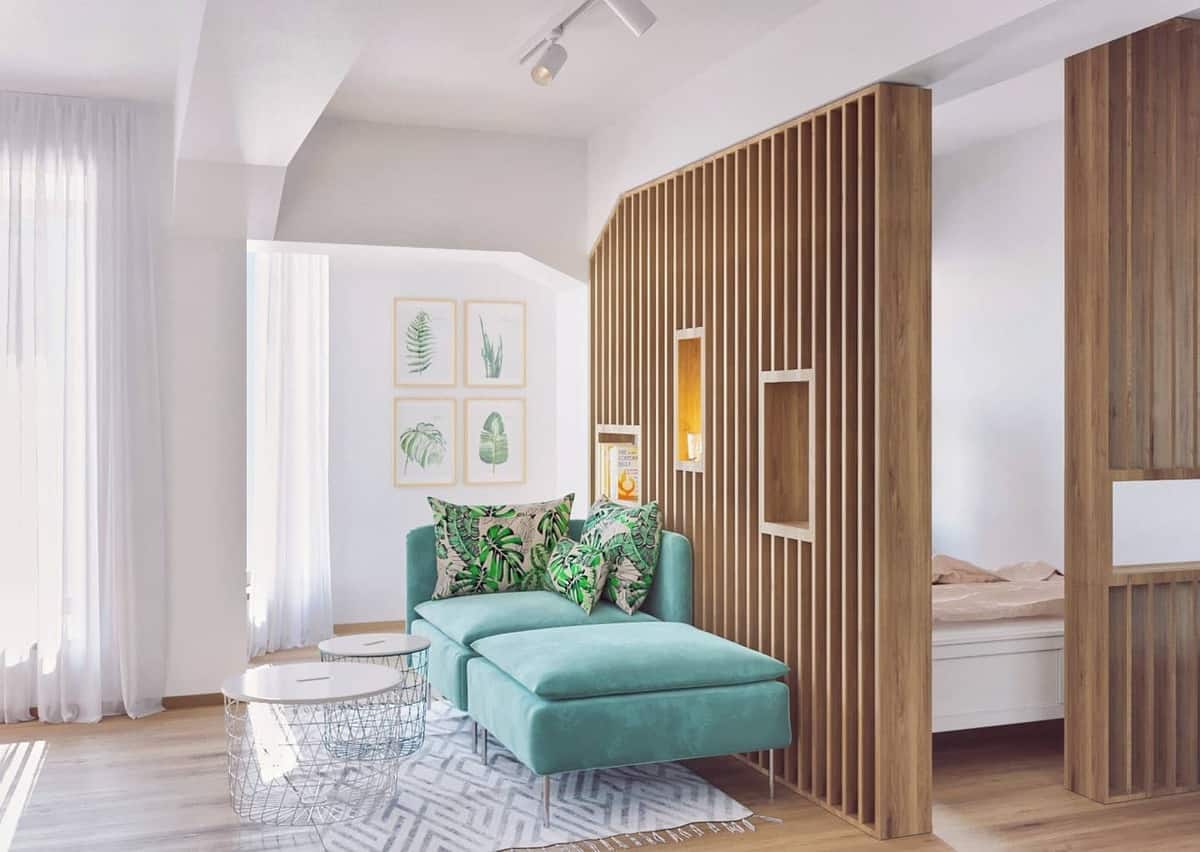 temporary wood divider apartment with green sofa