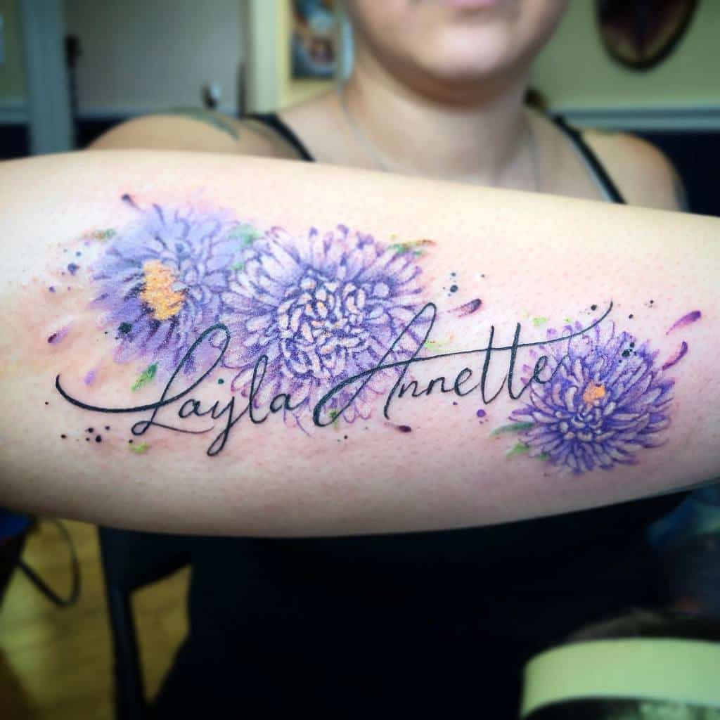 Aster Flower with Name Tattoo tattoohey