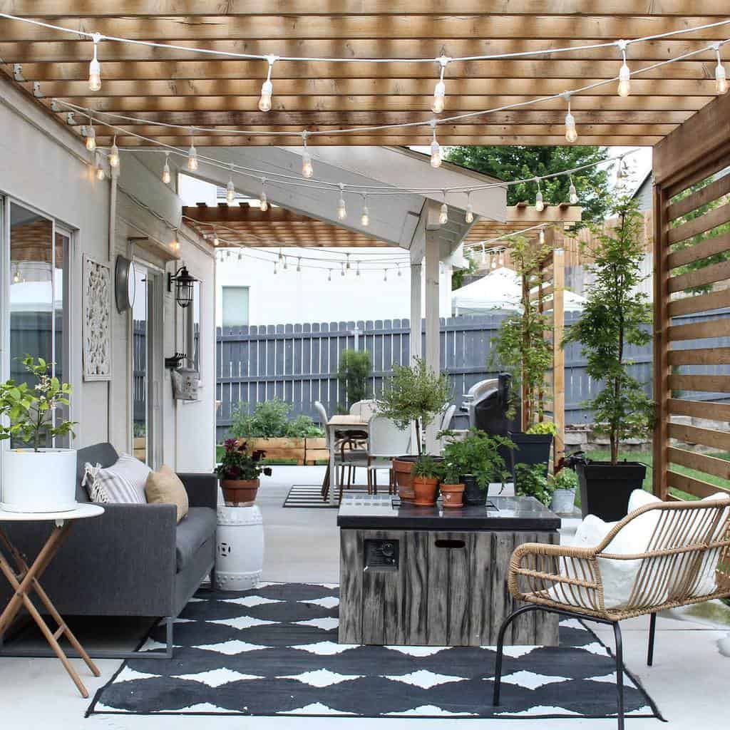 concrete patio wood pergola outdoor furniture 