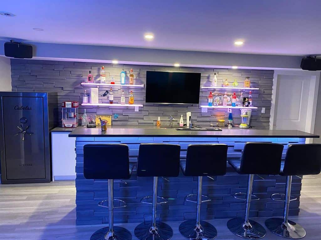modern basement bar tv screen tile wall