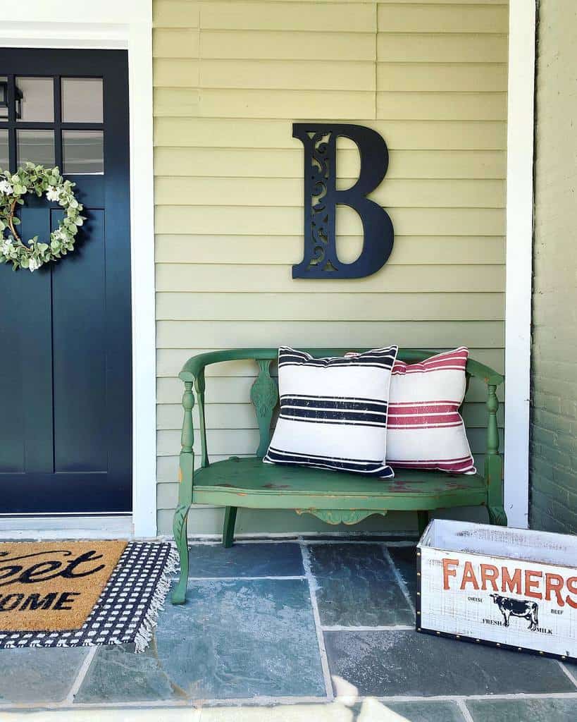 front porch pavers green wood seat 