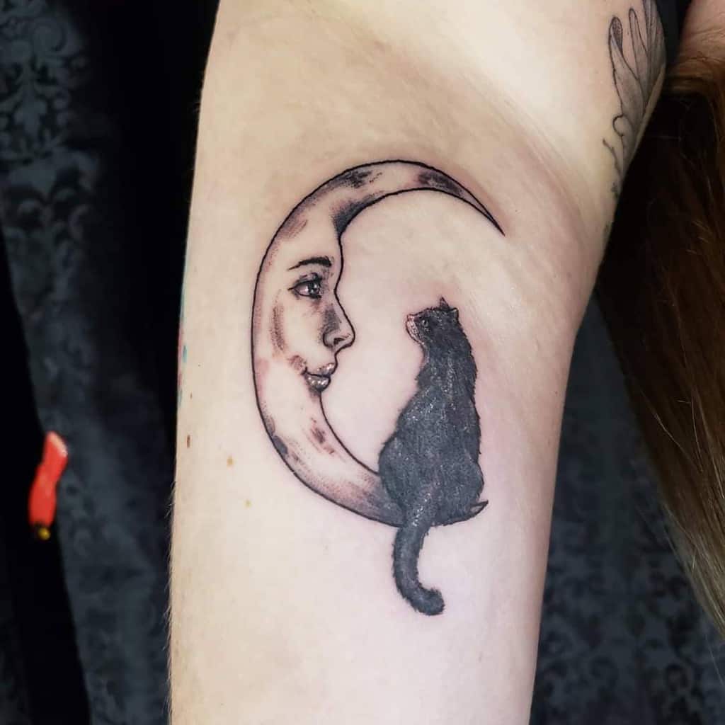 Black Cat with Moon Tattoo thecardinalskinartandgallery