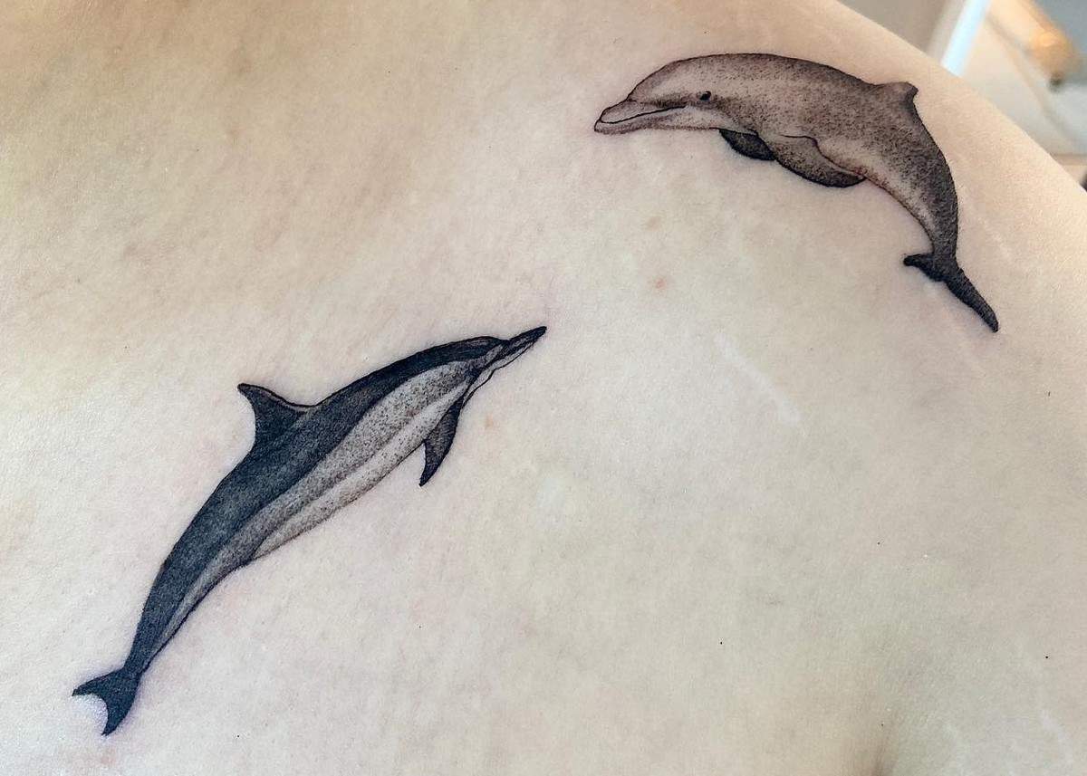 Fine line dolphin tattoo located on the ankle.