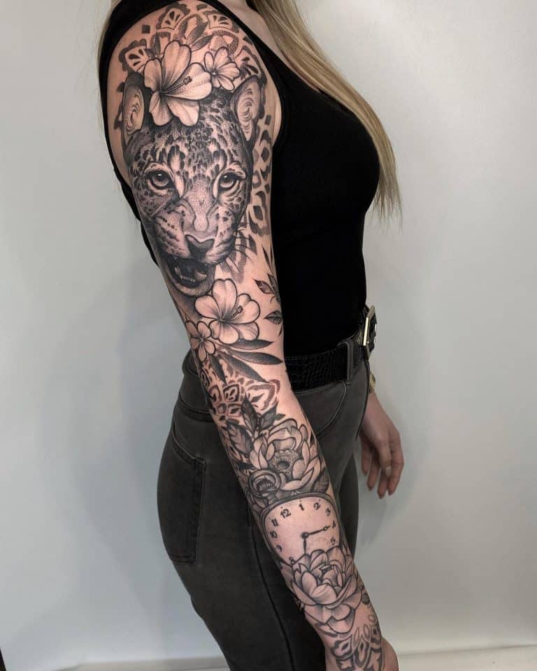 50 Cool Flower Tattoo Sleeve Ideas 2024 Inspiration Guide   Black And White Flower Tattoo Sleeve Hipner.magdalena 768x960 