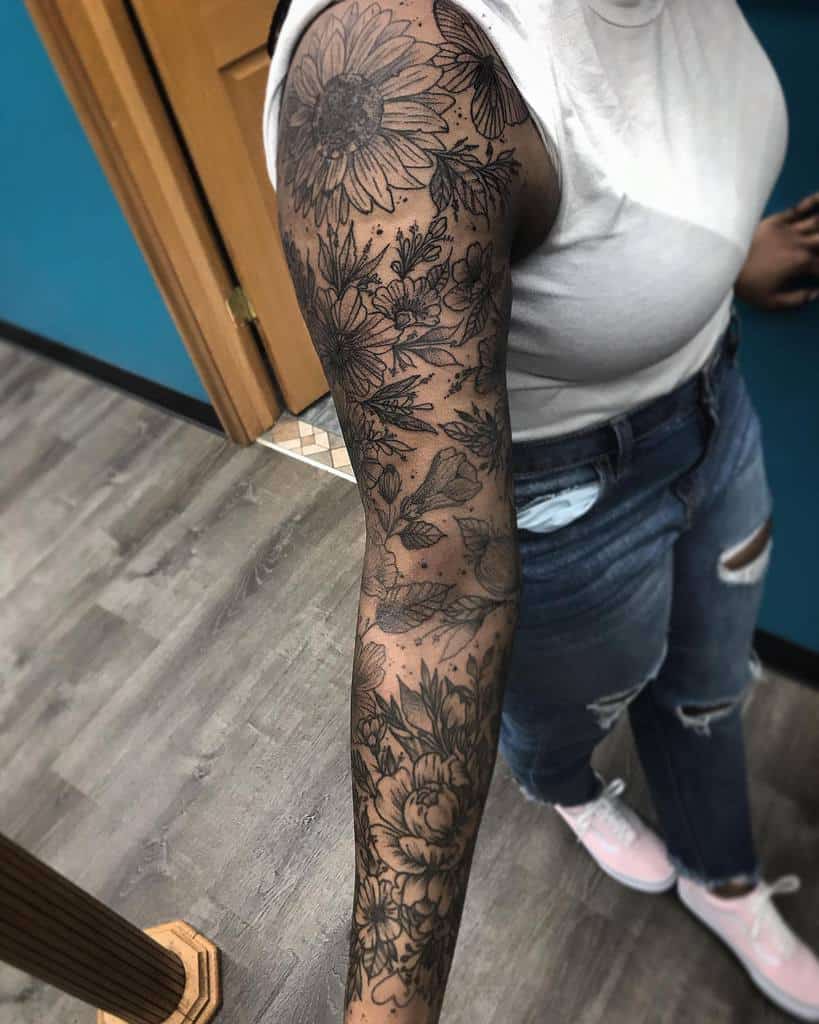 Black and White Flower Tattoo Sleeve reedstattoos