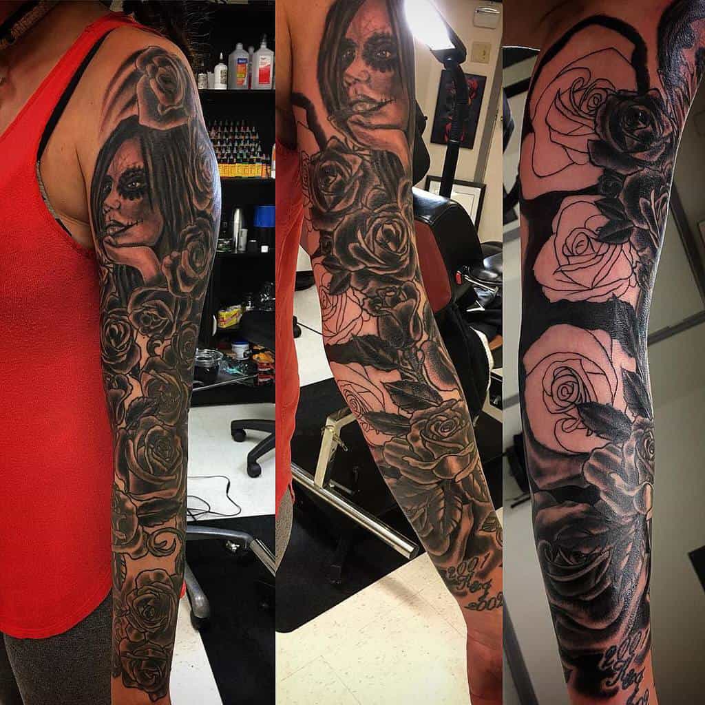 Black and White Flower Tattoo Sleeve soulshine_tattoo_studio