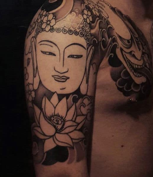 Buddha And Flower Quarter Sleeves Tattoo For Men