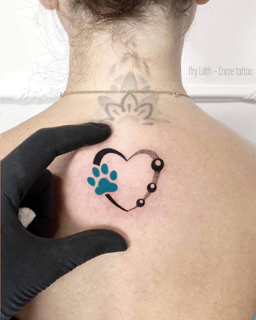 Cat Paw Print with Heart Tattoo encretattoo