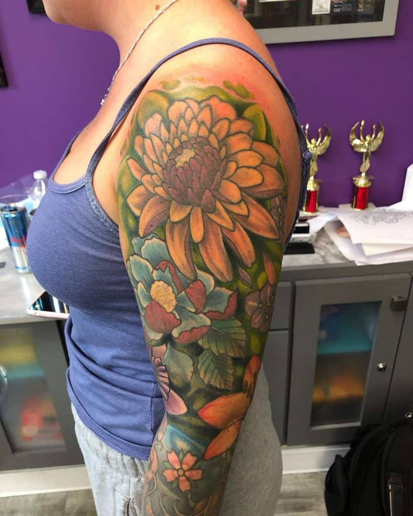 Colored Flower Tattoo Sleeve foulkrodtattoo