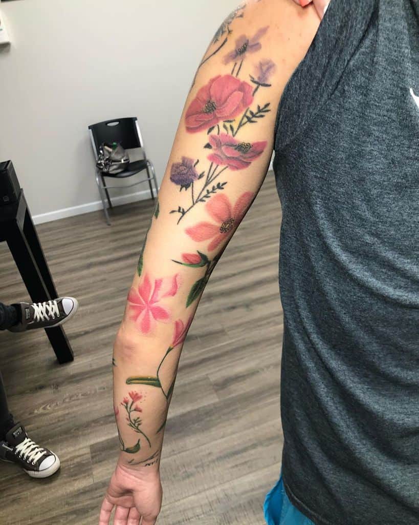 Colored Flower Tattoo Sleeve tattoosbyamberholbrook