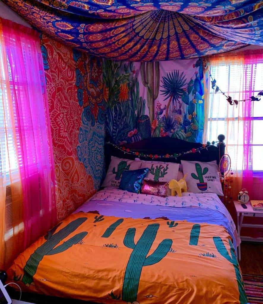 eclectic boho colorful mexican themed bedroom 