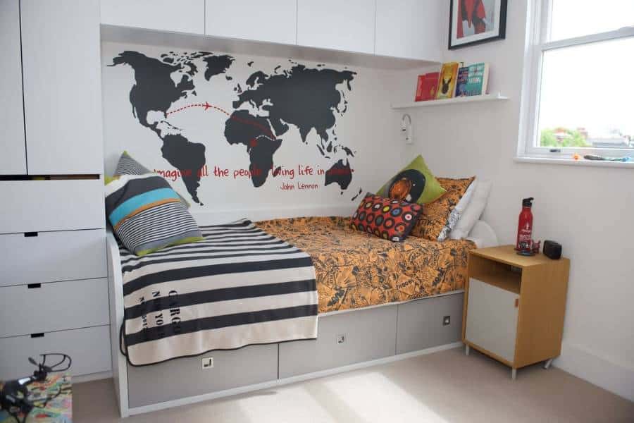single bed storage underneath map of world wallpaper