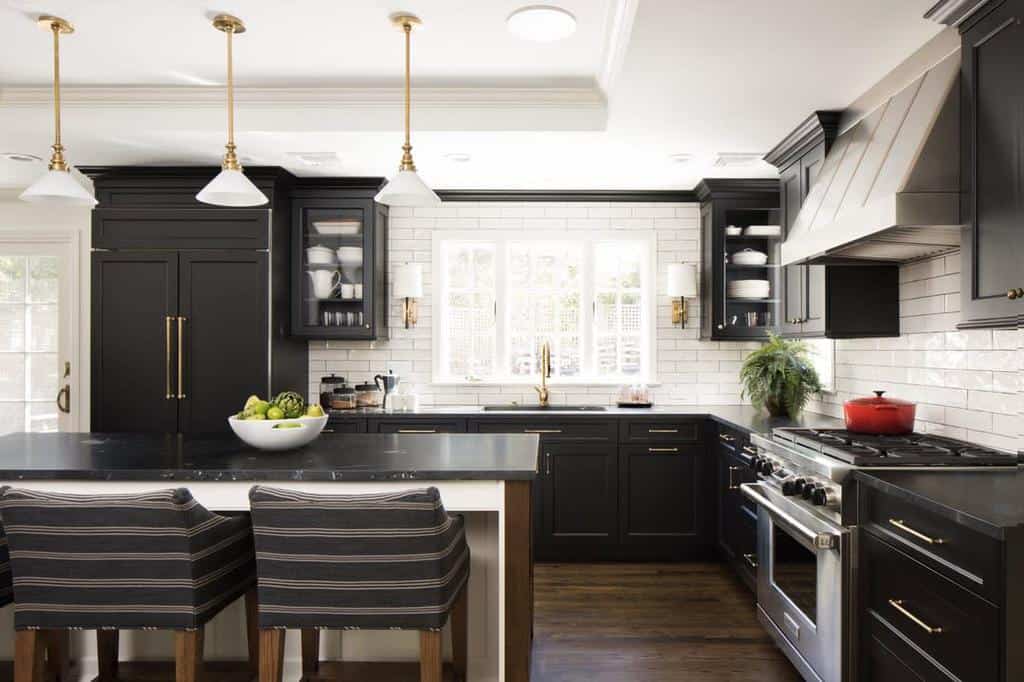elegant country style black cabinet kitchen white tile walls 