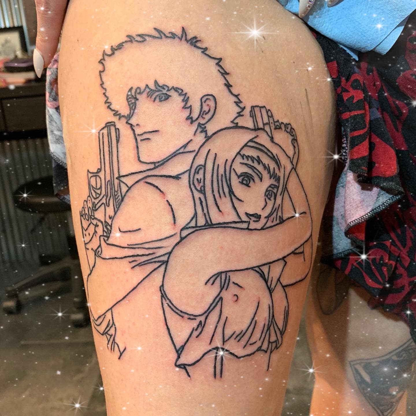 Outline tattoo on the thigh featuring Spike Spiegel and Faye Valentine from Cowboy Bebop, both holding guns, in a classic anime style