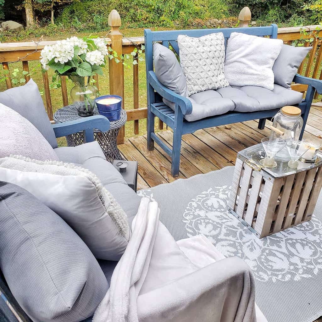 cozy wood deck blue and gray wood furniture 