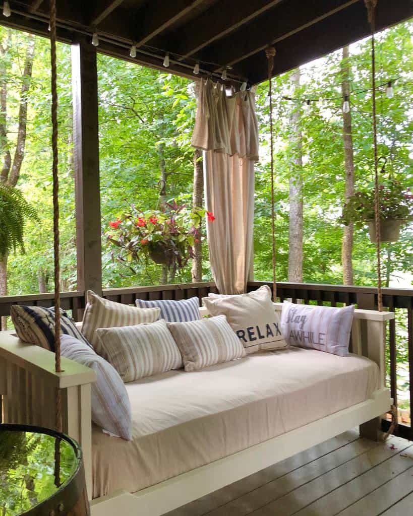 covered wood deck hanging sofa