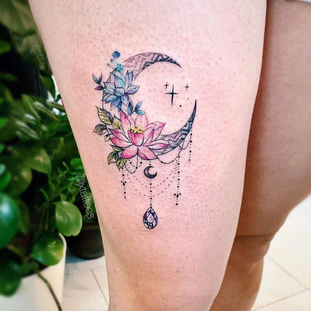 Crescent Moon with Flower Tattoo jina.gwansoontattoos