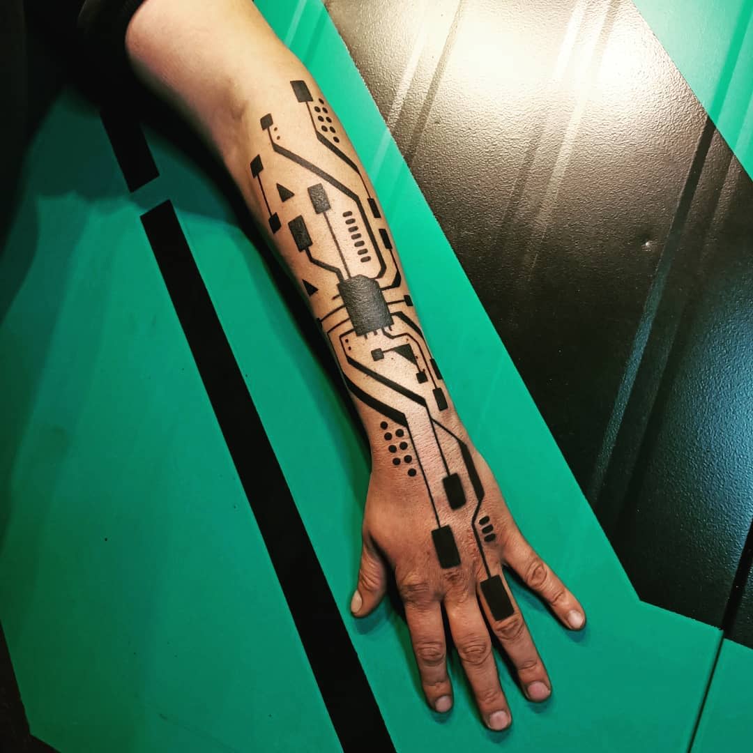 My Geometric Cyberpunkinspired Sleeve  Done by Jon  Golden Iron Tattoo  Studio Toronto Canada  rtattoos