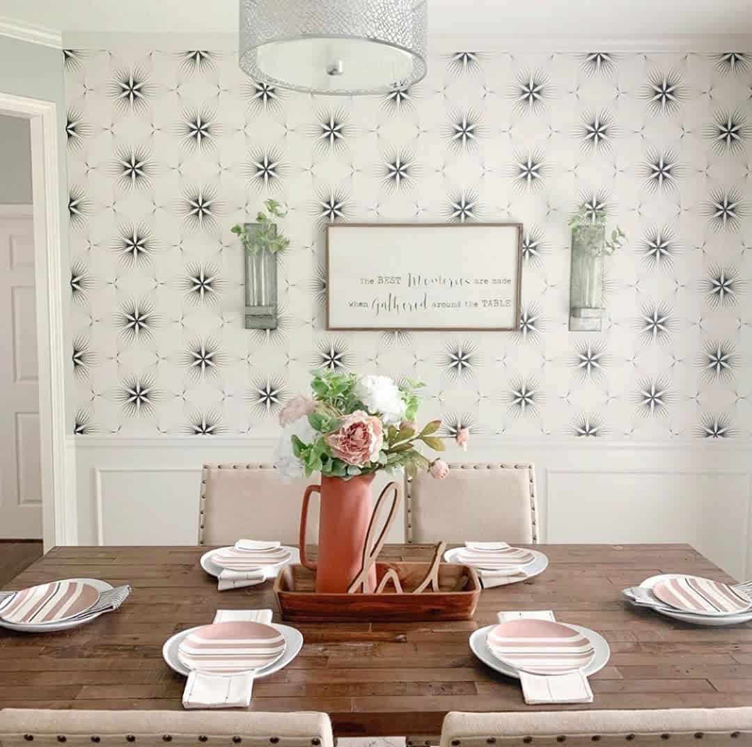 white and blue pattern wallpaper dining room 