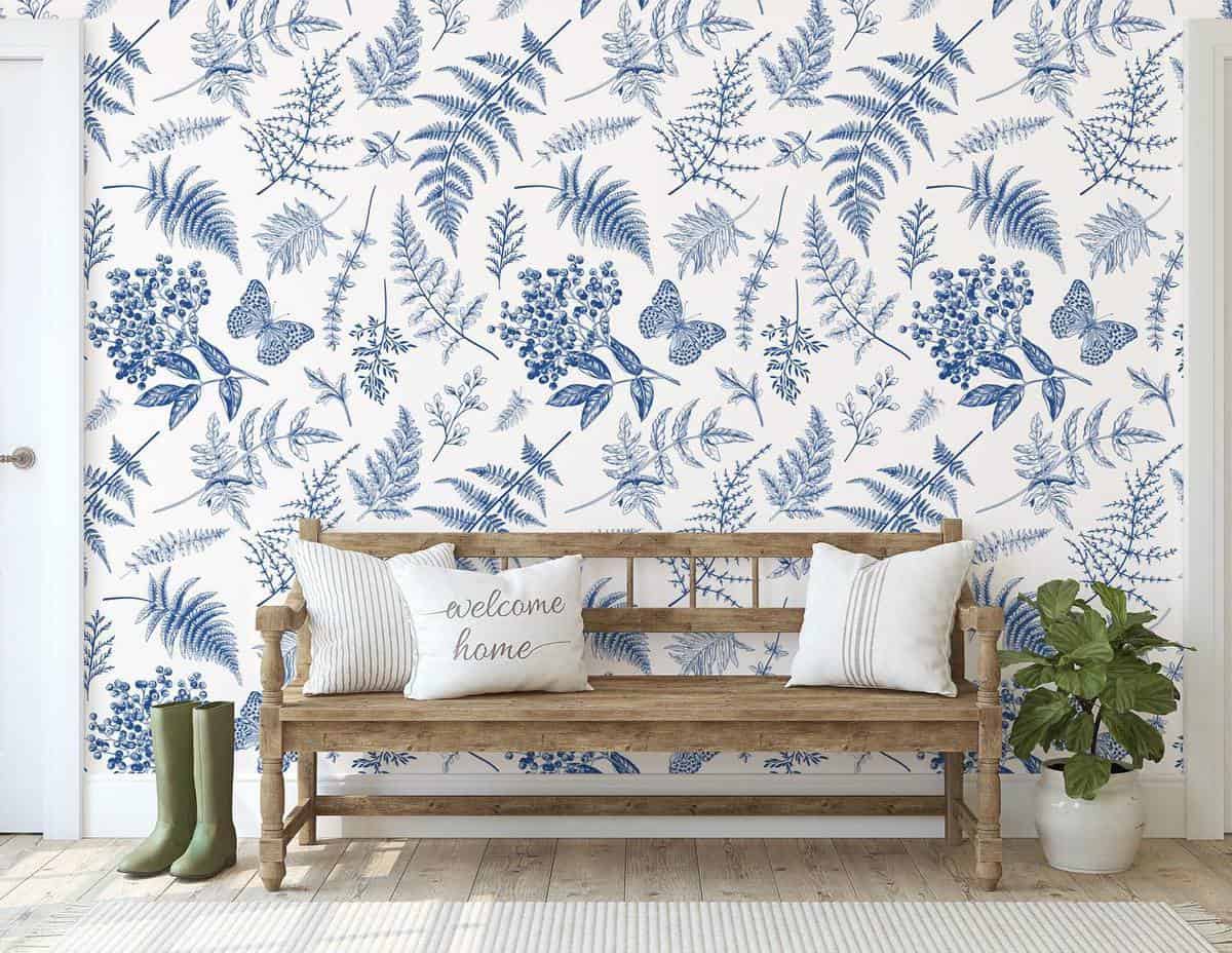 white and blue floral wallpaper wood bench 