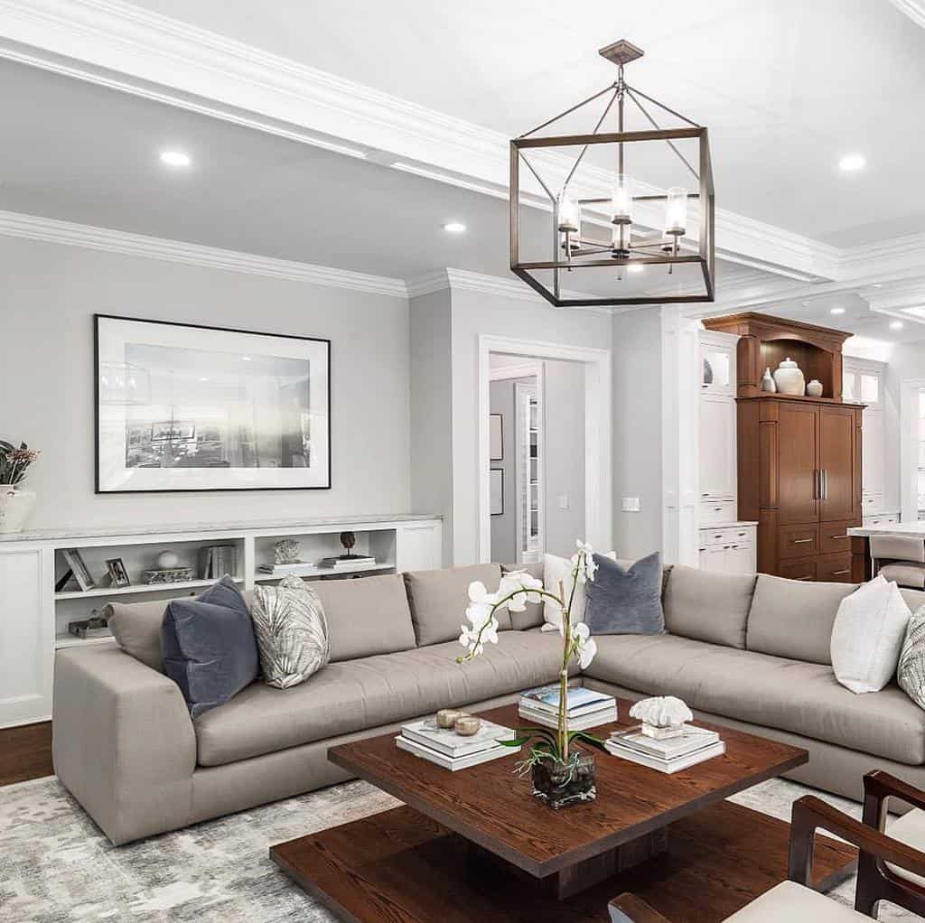 transitional living room with gray sofa