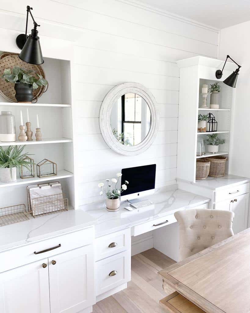 white shiplap office with cabinets and wall mirror