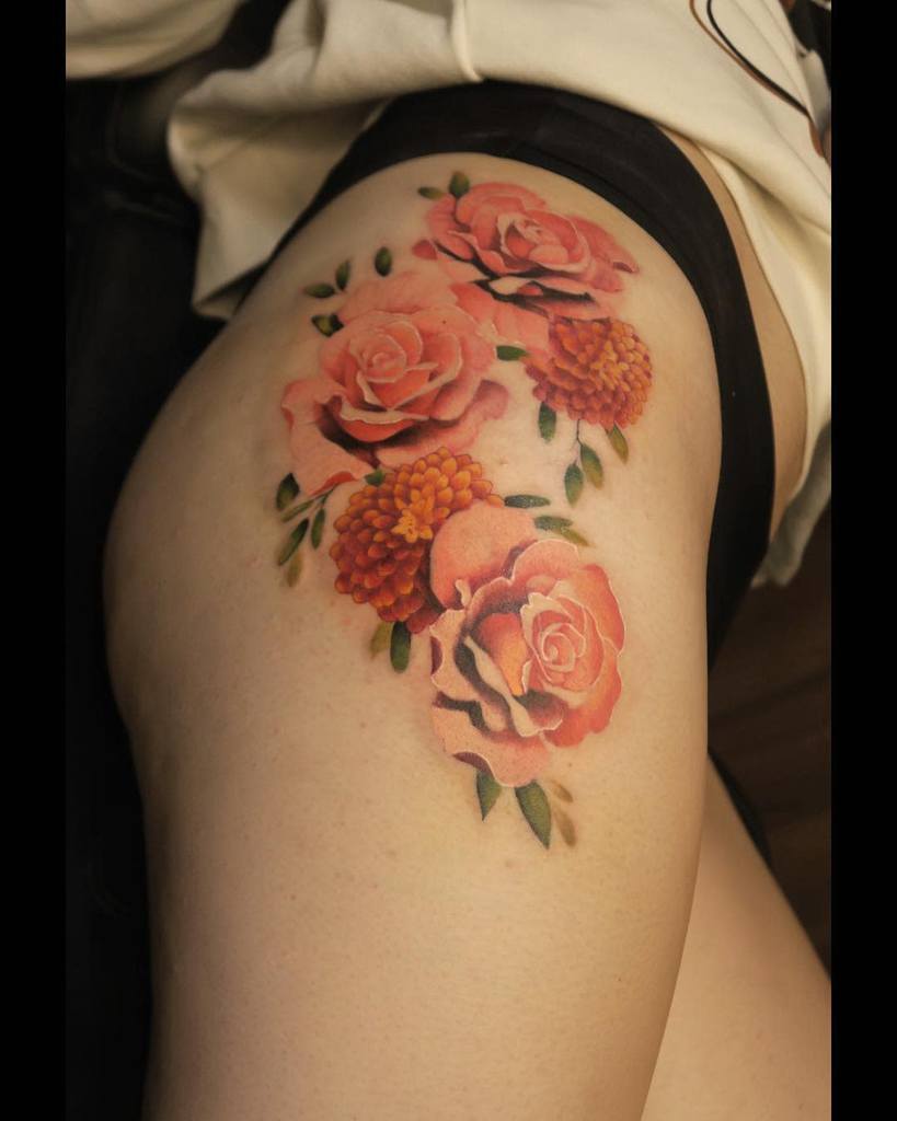 realistic floral tattoo done at Masterpiece Tattoo in San Francisco