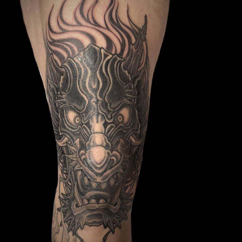 Dragon Head Leg Tattoo thunderbird_tattoo_studio