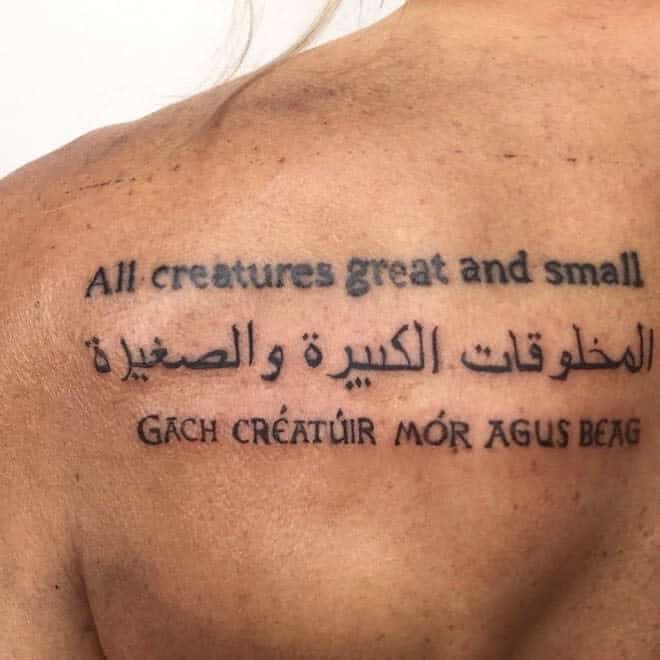 English Gaelic Arabic All Creatures Great And Small Tattoo