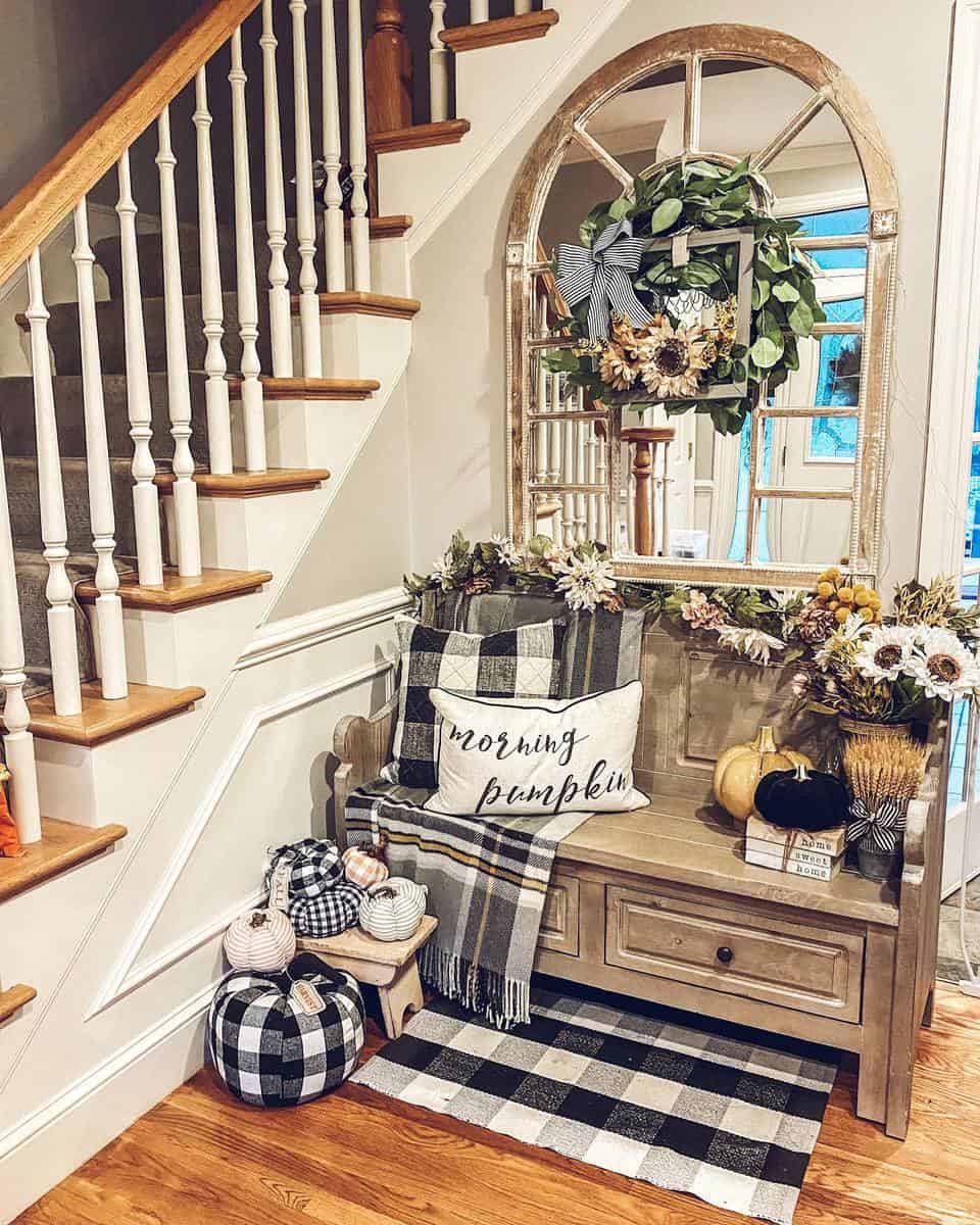 rustic farmhouse foyer with bench cabinet seating 