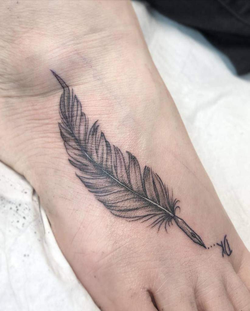 Foot Feather Tattoo Fine Black And Gray Womens Tattoo