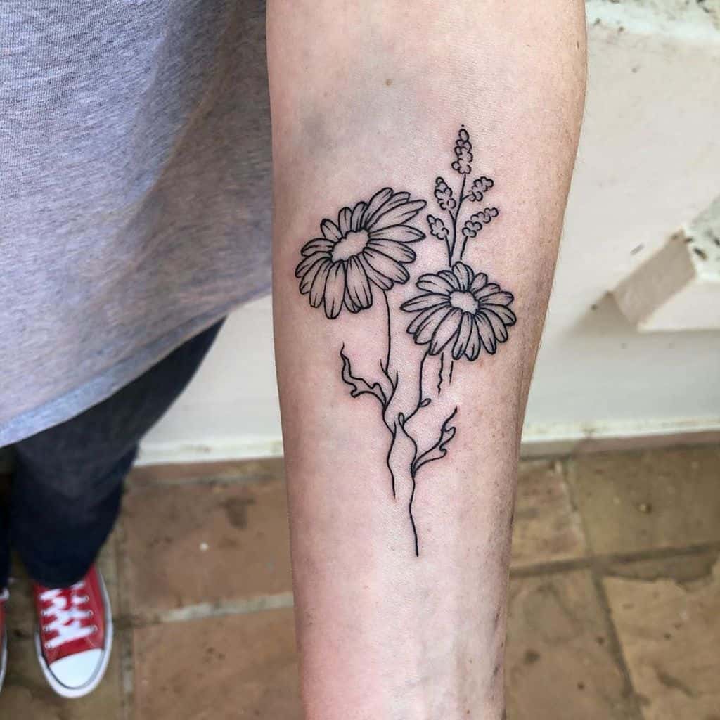 Forearm tattoo black and grey fine line daisy