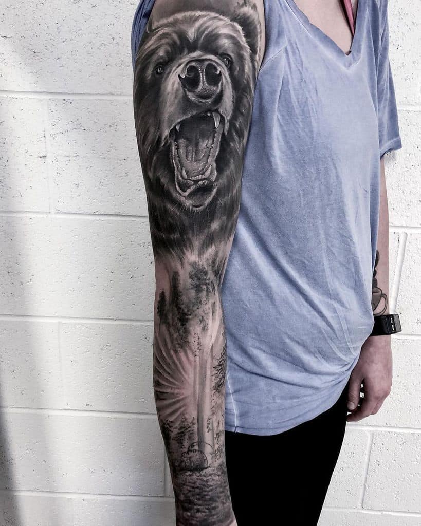 Bear growling. They are in a cloudy forest. With fierce warriors in the  background. Make the picture very detailed and smoke in the back creating a  trail effect tattoo idea | TattoosAI